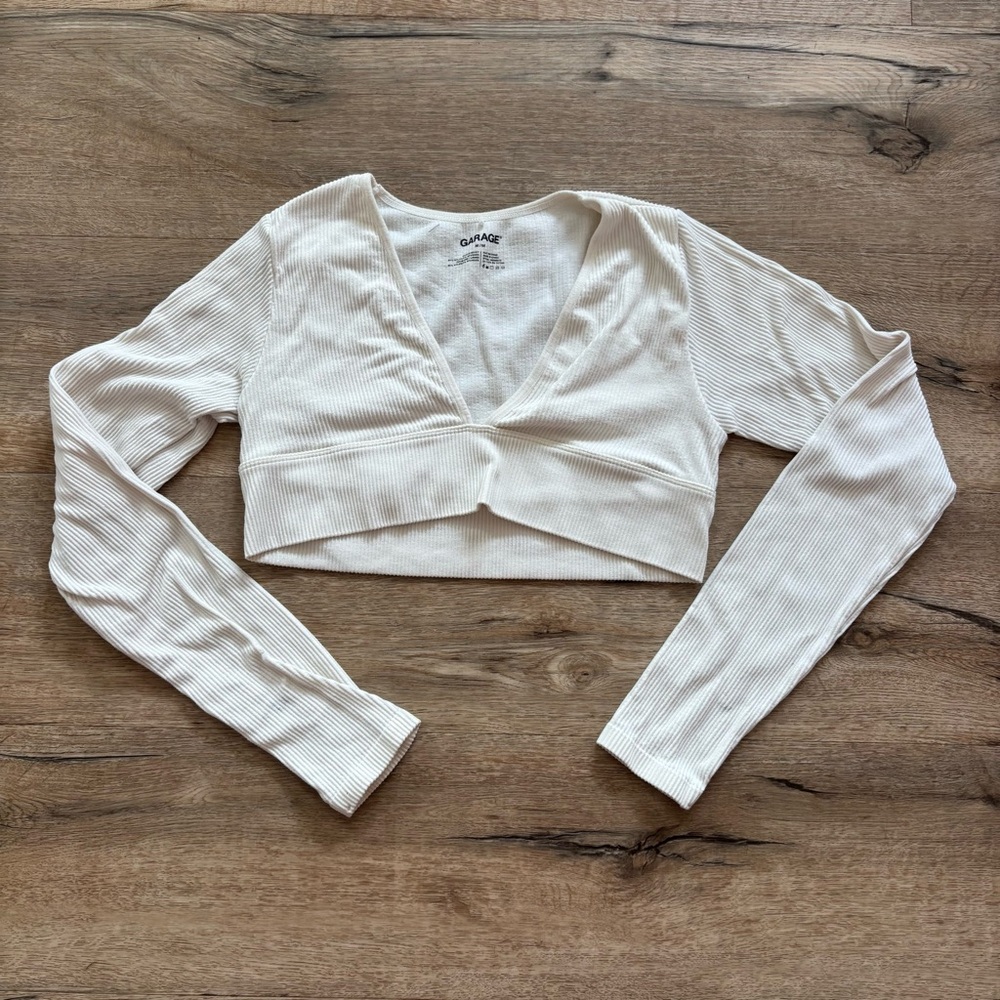 Garage Cream Ribbed V-Neck Crop Top
